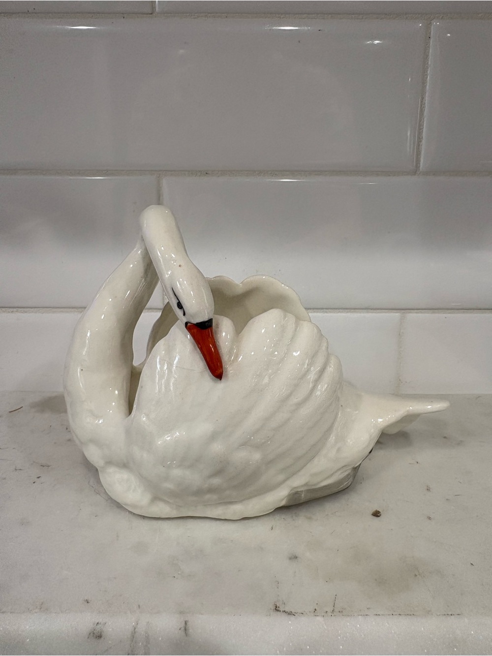 Vintage Czech White Ceramic Swan Figurine with Orange Beak